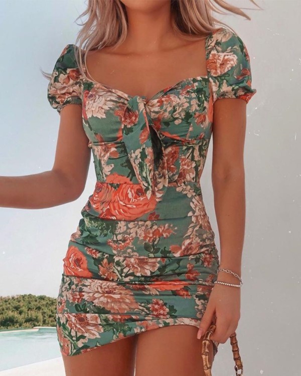 Summer Sexy Floral Knotted Mini Dress
