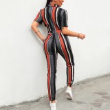Summer Casual Striped Jumpsuit with Belt