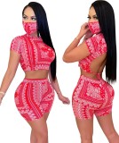 Summer Matching Two Piece Print Shorts Set with Face Cover