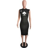 Print Black Sleeveless Midi Dress