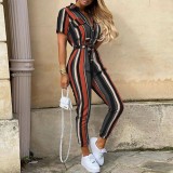 Summer Casual Striped Jumpsuit with Belt