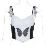 White and Black Butterfly Vintage Strap Crop Top
