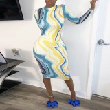 Long Sleeve African Colorful Midi Dress