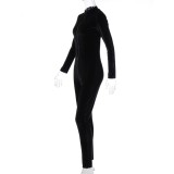 Black Velvet Long Sleeve Zipper Bodycon Jumpsuit
