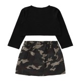 Kids Girl Autumn  Black Top and Camou Mini Skirt Set