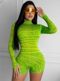 Print Green Long Sleeve Sexy Bodycon Rompers
