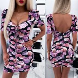 Low Back Sext Floral Square Mini Dress with Pop Sleeves