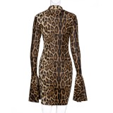 Long Sleeve Leopard Bodycon Dress with Wide Cuffs