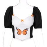 White and Black Butterfly Vintage Crop Top