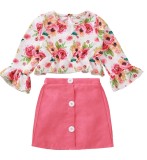Kids Girl Autumn Floral Top and Plain Mini Skirt Set