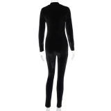 Black Velvet Long Sleeve Zipper Bodycon Jumpsuit