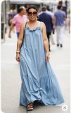 Summer Blue Ruffle Strap Long Dress