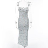 Summer Floral Blue Strap Long Elegant Dress