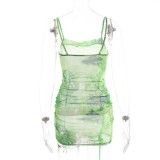 Print Green Sexy Strap Ruched Mini Dress