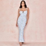 Summer Floral Blue Strap Long Elegant Dress