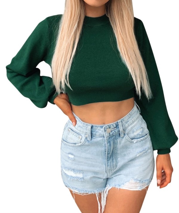 Autumn Knitted Plain Crop Top with Pop Sleeves