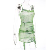Print Green Sexy Strap Ruched Mini Dress