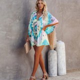 Tie Dye V-Neck Rompers with Bat Sleeves