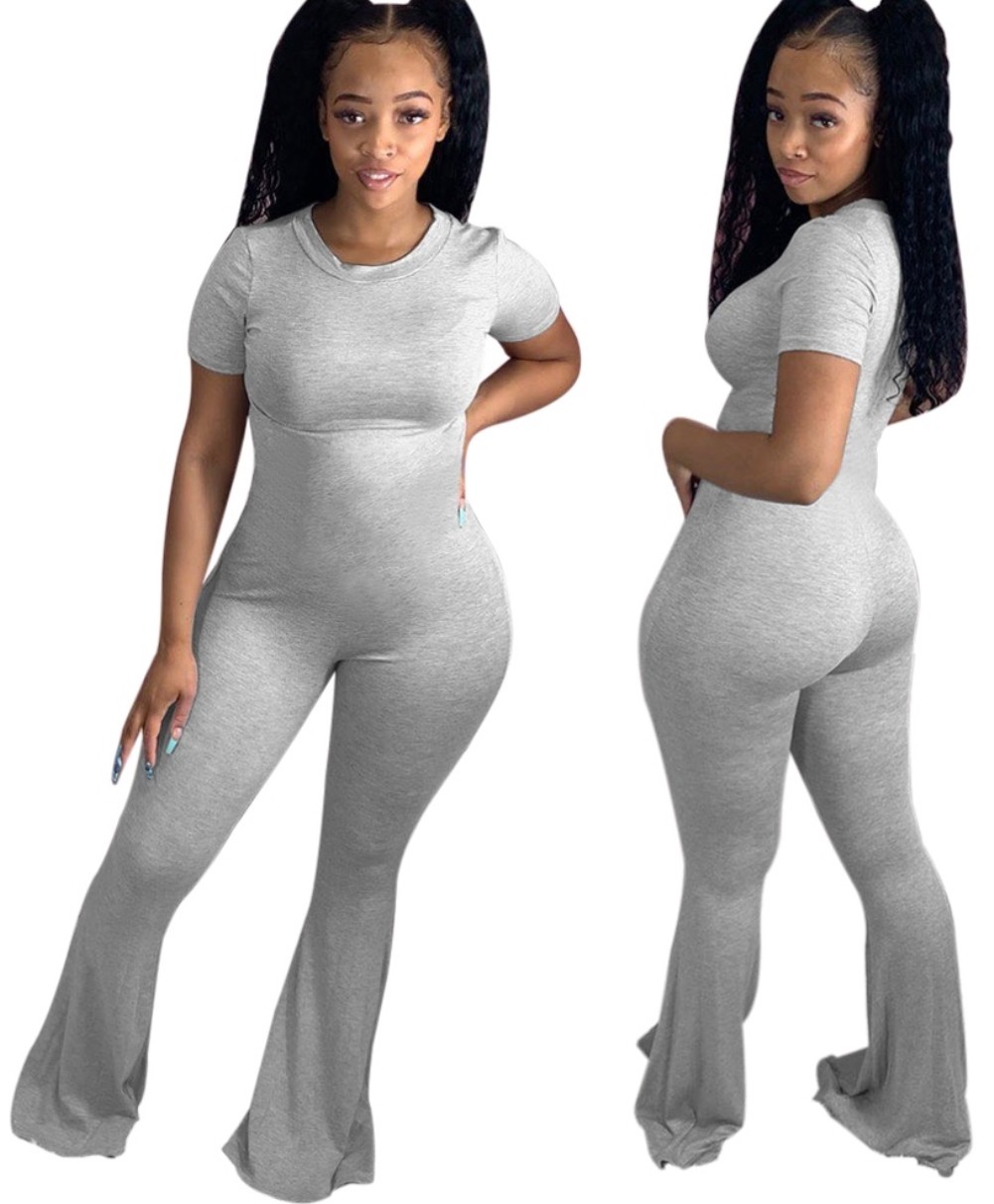 Wholesale Solid Color Bell Bottom Jumpsuit with Short Sleeves | Global Lover