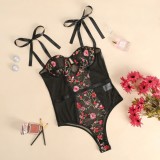 Sexy Black Floral Strap Bodysuit Lingerie