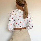 Print White Button Up Long Sleeve Crop Top