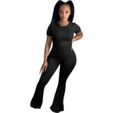 Solid Color Bell Bottom Jumpsuit with Short Sleeves
