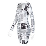 Newsletter Print Square Mini Dress with Sleeves