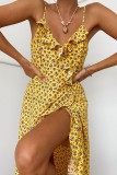 Yellow Floral Strap Wrapped Long Dress