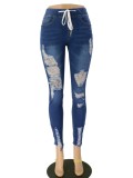 Stylish High Waist Strings Ripped Jeans