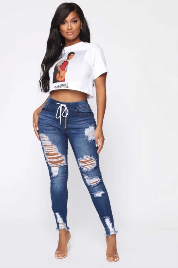 Stylish High Waist Strings Ripped Jeans