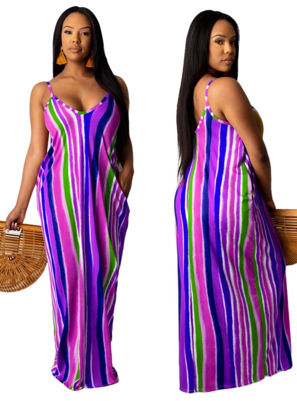 Print Striped African Strap Long Maxi Dress