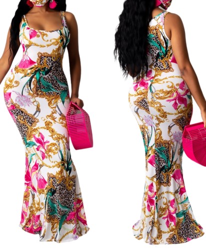 Длинное платье макси с африканским принтом без рукавов