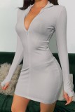 Long Sleeve Knitted Zipper Mini Dress