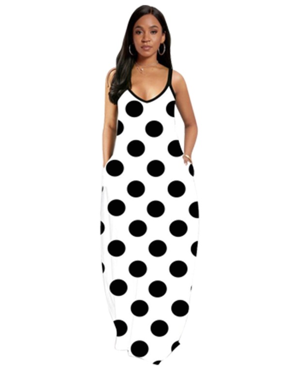 White and Black Dot Halter Long Maxi Dress
