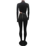 Black Long Sleeve Crop Top and Pants Set