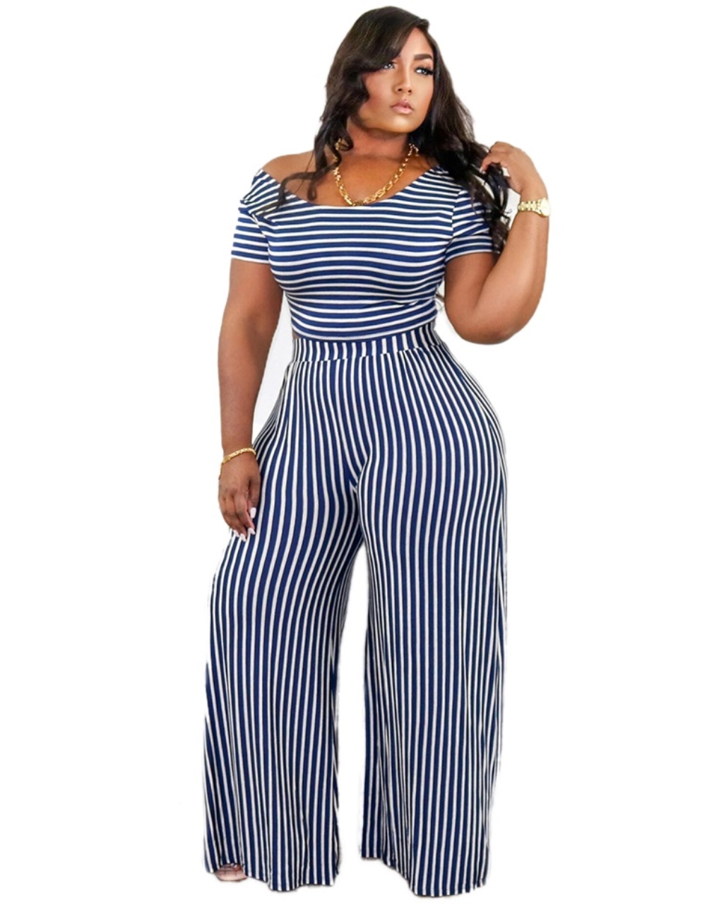 Wholesale Plus Size Striped Casual Jumpsuit with Short Sleeves | Global ...