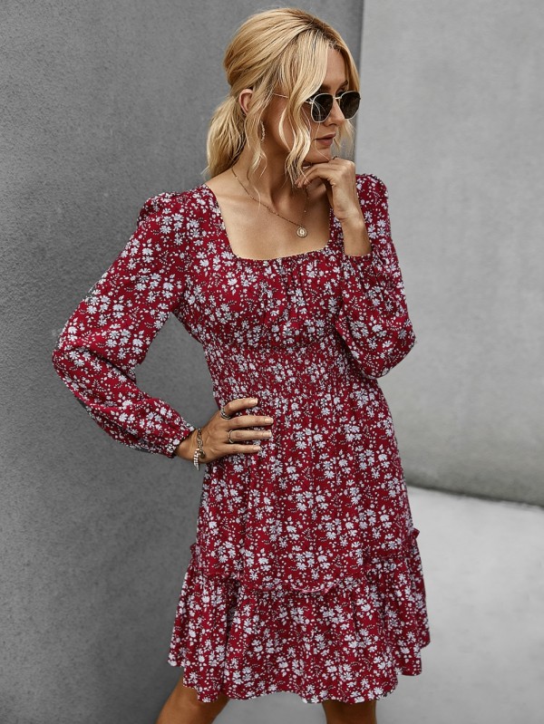 Casual Square Floral Dress with Full Sleeves