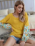 Autumn Patchwork O Neck Shirt with Floral Sleeves