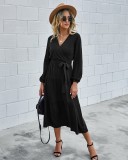 Western Long Sleeve Wrapped Solid Long Dress