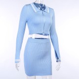 Blue Knitted Zipper Crop Top and Mini Skirt Set