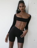 Sexy Knit Long Sleeve Crop Top and Shorts Set