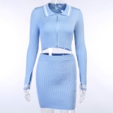 Blue Knitted Zipper Crop Top and Mini Skirt Set