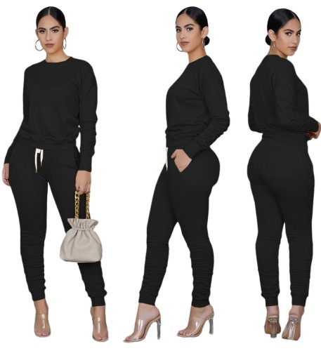 Casual Plain Two Piece Stacked Pants Set