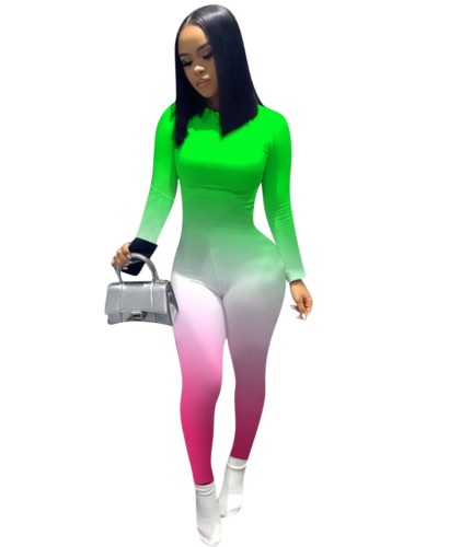 Sexy bodycon-jumpsuit met lange mouwen en kleurverloop
