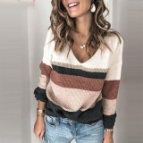 V Neck Striped Multi-Color Pullover Sweater