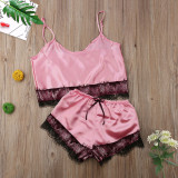 Summer Two Piece Satin Shorts Pajama Set with Lace Trims