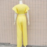 Sexy Plain Knotted Crop Top and Matching Pants Set