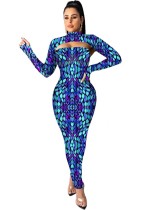 Robe longue sexy à découpes et manches longues imprimée