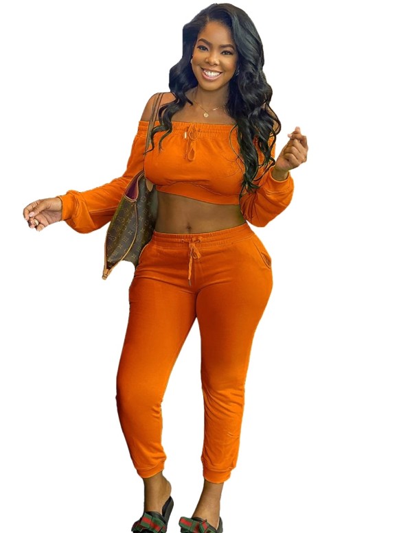Casual Plain Off Shoulder Long Sleeve Crop Top and Track Pants Set
