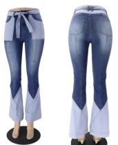 Bell Bottom Patchwork Western Jeans mit Gürtel